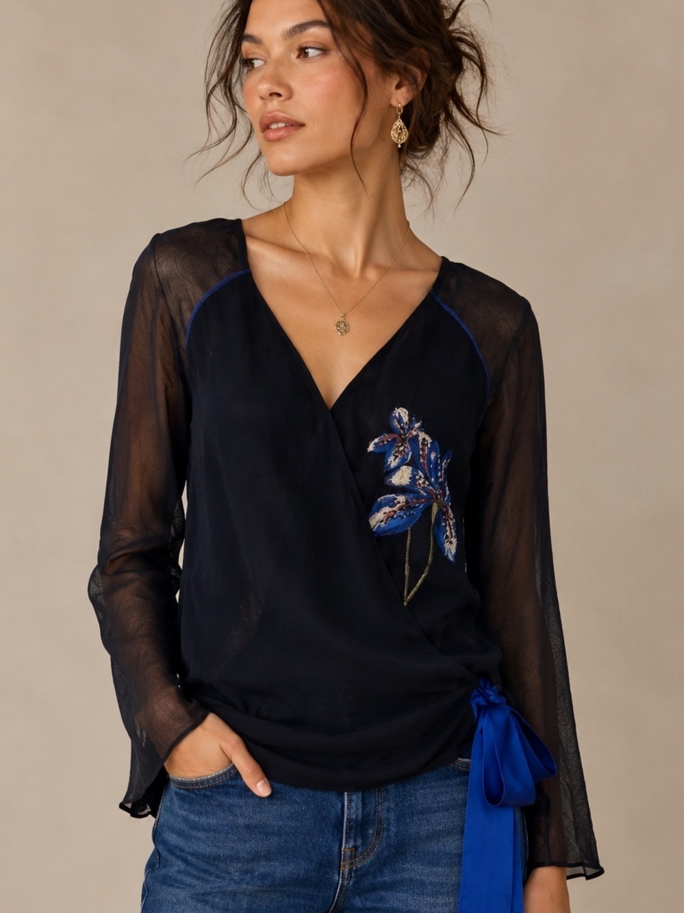 ANTHROPOLOGIE LEIFSDOTTIR NWT $198 Black Floral Sheer Tie Waist Beaded Wrap Top